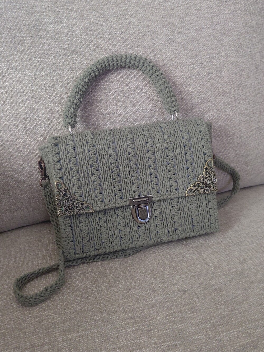 Handwoven Olive Green Knit Top-Handle Bag